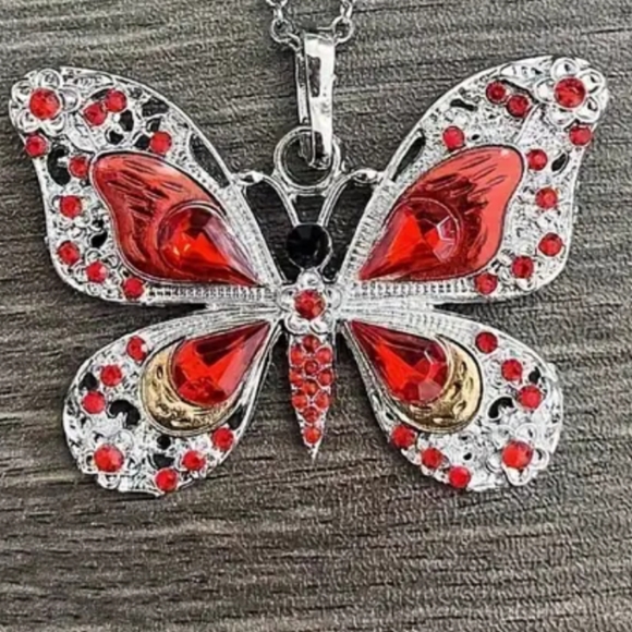 SILVER RED ENAMELED/ GRANT BUTTERFLY PENDANT / 24 INCH CHAIN - Picture 2 of 2